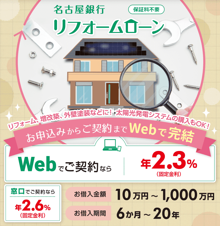 名古屋銀行 リフォームローン リフォーム、増改築、外壁塗装などに！太陽光発電システムの購入もOK！