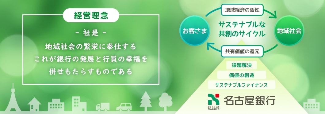 経営理念 -社是- 地域社会の繁栄に奉仕する これが銀行の発展と行員の幸福を併せもたらすものである サステナブルな共創のサイクル お客さま→地域経済の活性→地域社会→共有価値の還元→お客さま