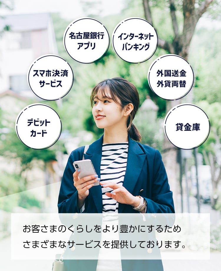 名古屋銀行アプリ、インターネットバンキング、スマホ決済サービス、外国送金・外貨両替、デビットカード、貸金庫などお客さまのくらしをより豊かにするためさまざまなサービスを提供しております。