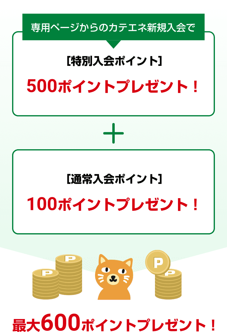 専用ページからのカテエネ新規入会で［特別入会ポイント］500ポイントプレゼント！＋［通常入会ポイント］100ポイントプレゼント！　最大600ポイントプレゼント！