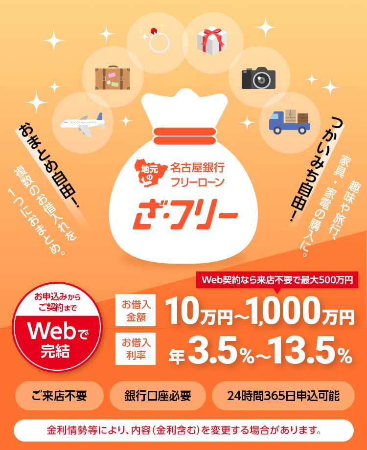 名古屋銀行フリーローン　ざ・フリー　おまとめ自由！複数のお借入れを1つにおまとめ。つかいみち自由！趣味や旅行、家具・家電の購入に。　ご来店不要・銀行口座必要・24時間365日　お申込みからご契約までWebで完結　お借入金額10万円〜1,000万円（Web契約なら来店不要で最大500万円）　お借入利率年3.5%〜13.5%　金利情勢等により、内容（金利含む）を変更する場合があります。