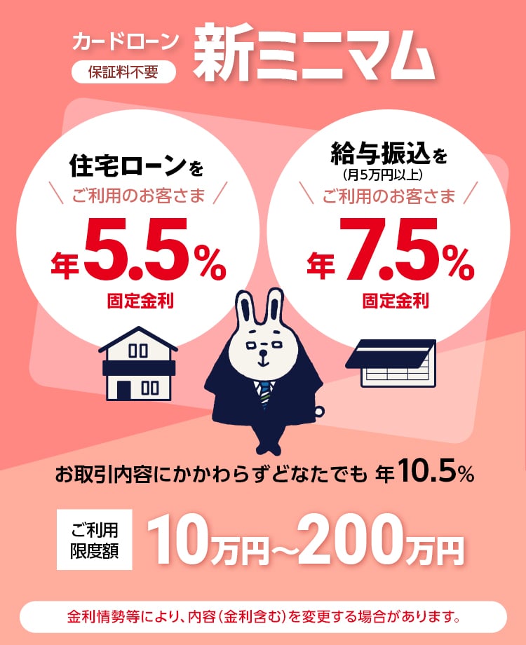カードローン 新ミニマム　保証料不要　住宅ローンをご利用のお客さま年5.5%固定金利　給与振込（月5万円以上）をご利用中のお客さま年7.5%固定金利　お借入金額10万円〜200万円　お取引内容にかかわらずどなたでも年10.5%　金利情勢等により、内容（金利含む）を変更する場合があります。