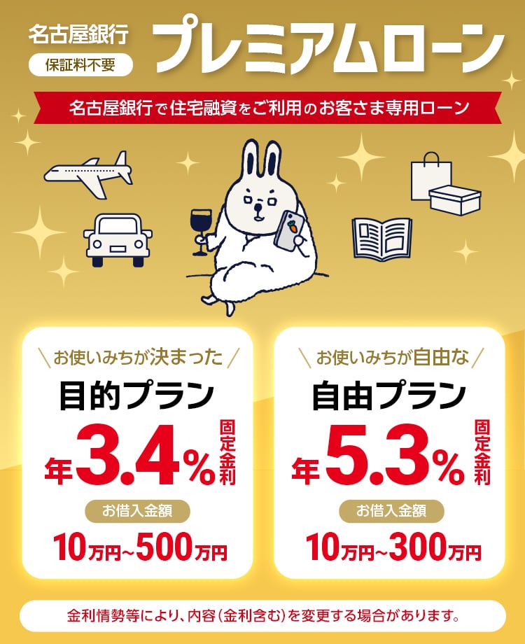 名古屋銀行プレミアムローン　保証料不要　お使いみちが決まった目的プラン年3.4%固定金利 お借入れ金額10万円〜500万円　お使いみちが自由な自由プラン年5.3%固定金利 お借入金額10万円〜300万円　名古屋銀行で住宅融資をご利用のお客さま専用ローン　金利情勢等により、内容（金利含む）を変更する場合があります。