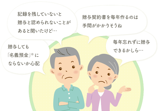 「贈与しても「名義預金」にならないか心配」「記録を残していないと贈与と認められないことがあると聞いたけど…」「贈与契約書を毎年作るのは手間がかかりそうね」「毎年忘れずに贈与できるかしら…」