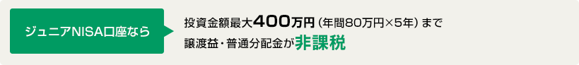 ジュニアNISA口座なら、投資金額最大400万円（年間80万円×5年）まで譲渡益・普通分配金が非課税