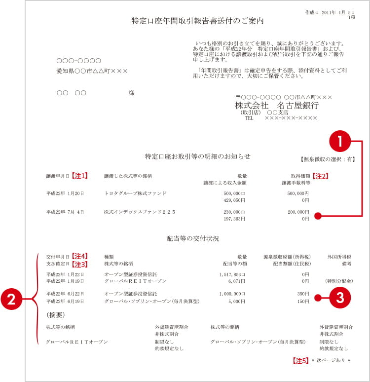特定口座年間取引報告書送付のご案内の参考画像
